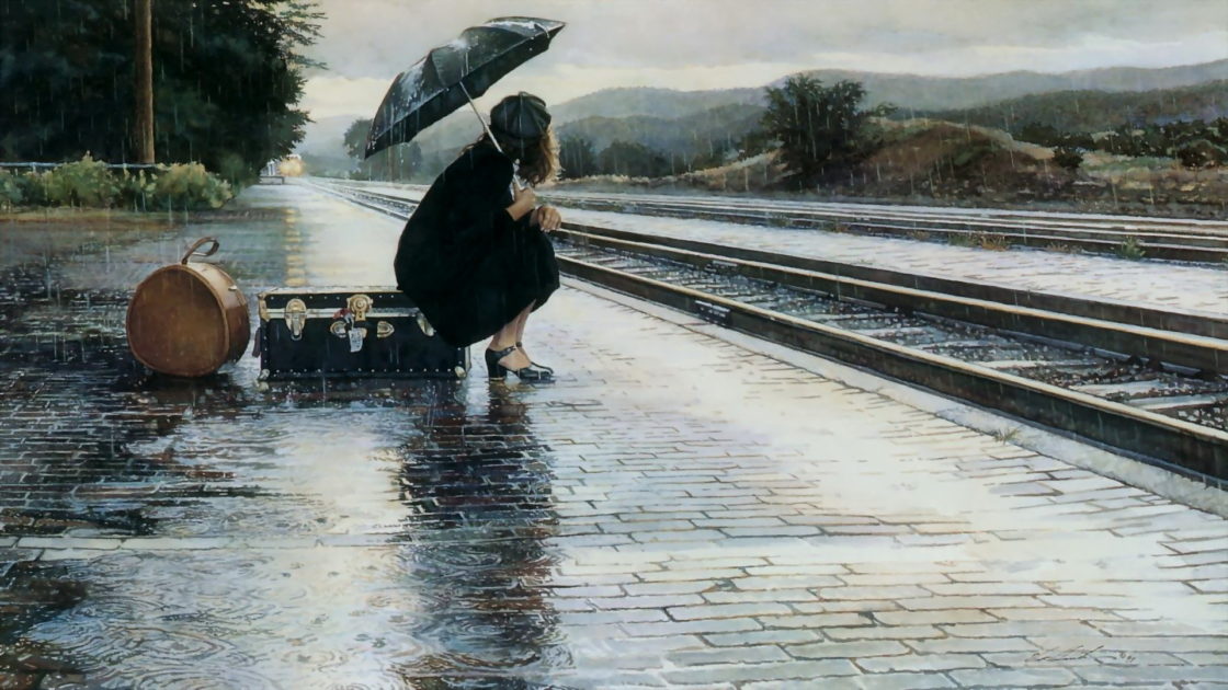 photographie femme train départ pluie paysage