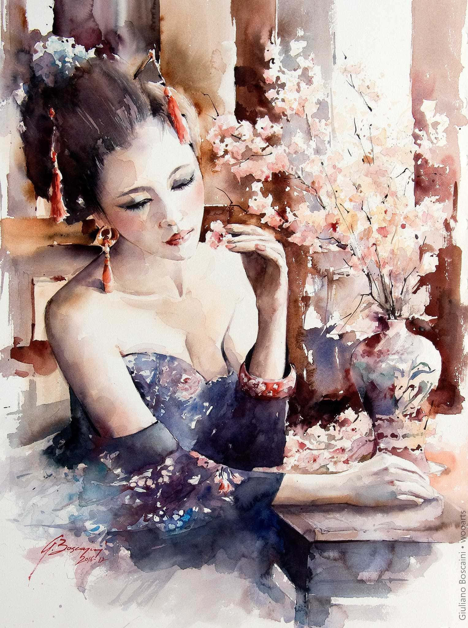 image femme peintre portrait fleurs artiste art peinture painting artist huile toile tableau paysage talent pinceaux illustration Giuliano Boscaini