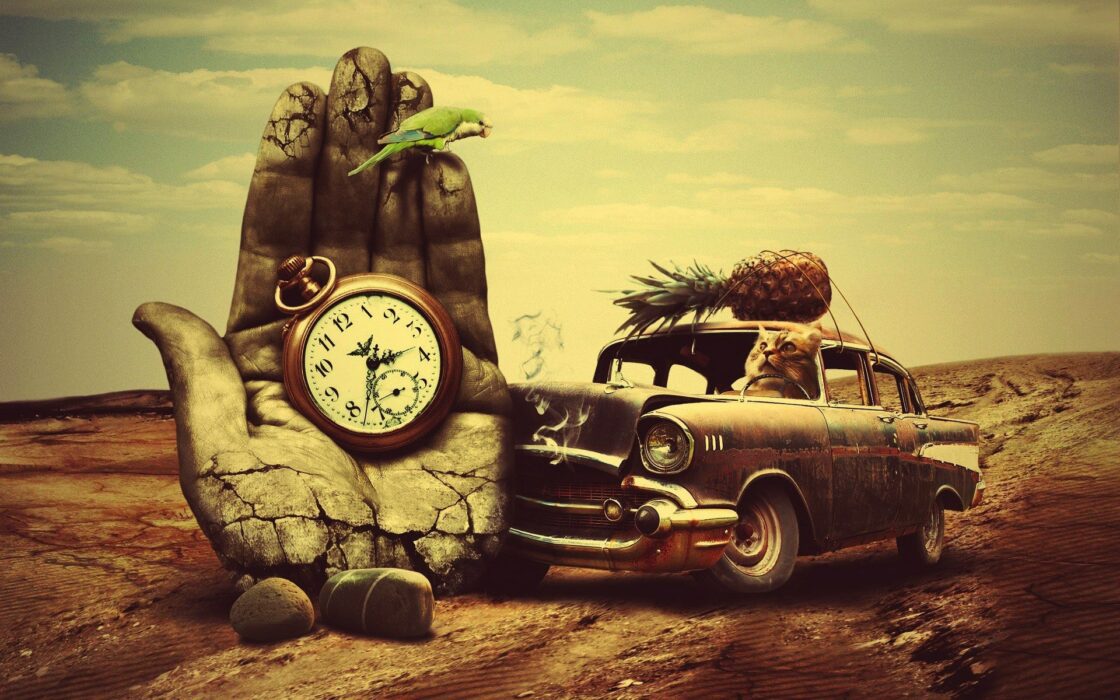 wallpaper et fond écran fantasy car vintage fantaisie fantastique voiture ancienne automobile véhicule main horloge humour humor nature paysage chat cat amusant drôle divers picture image photo photographie photography