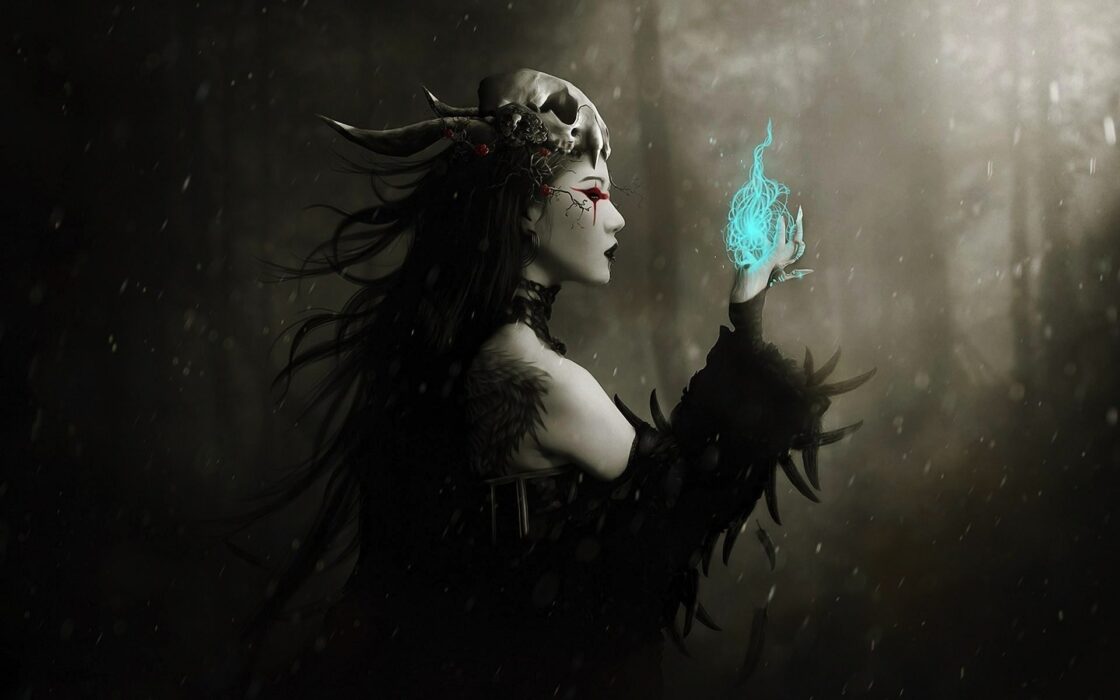 wallpaper et fond écran sorcière fantaisie fantasy witch femme woman fantastique tête mort gothique noir black peur image pictrure photo photographie photography